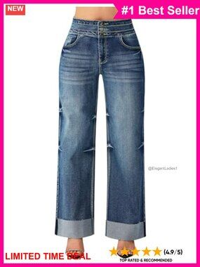 High Waisted Wide Leg Jeans Cuffed Hem Five Pocket Three Button Front